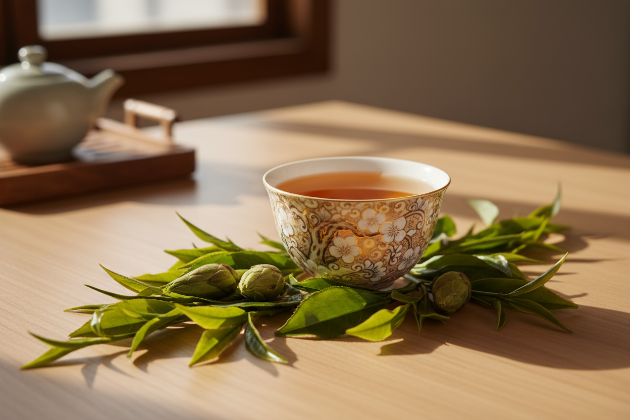 beautiful tea cup and leaves spread around it